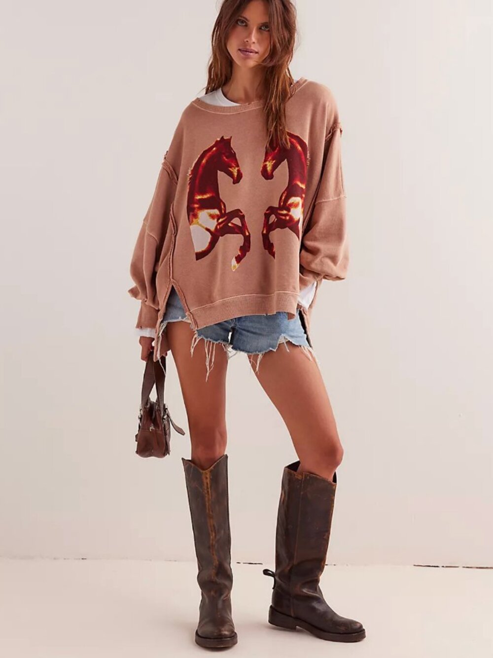 Free People We The Free Camden Mirrored Horses Graphic Sweatshirt Cowgirl Boho M - Picture 3 of 11
